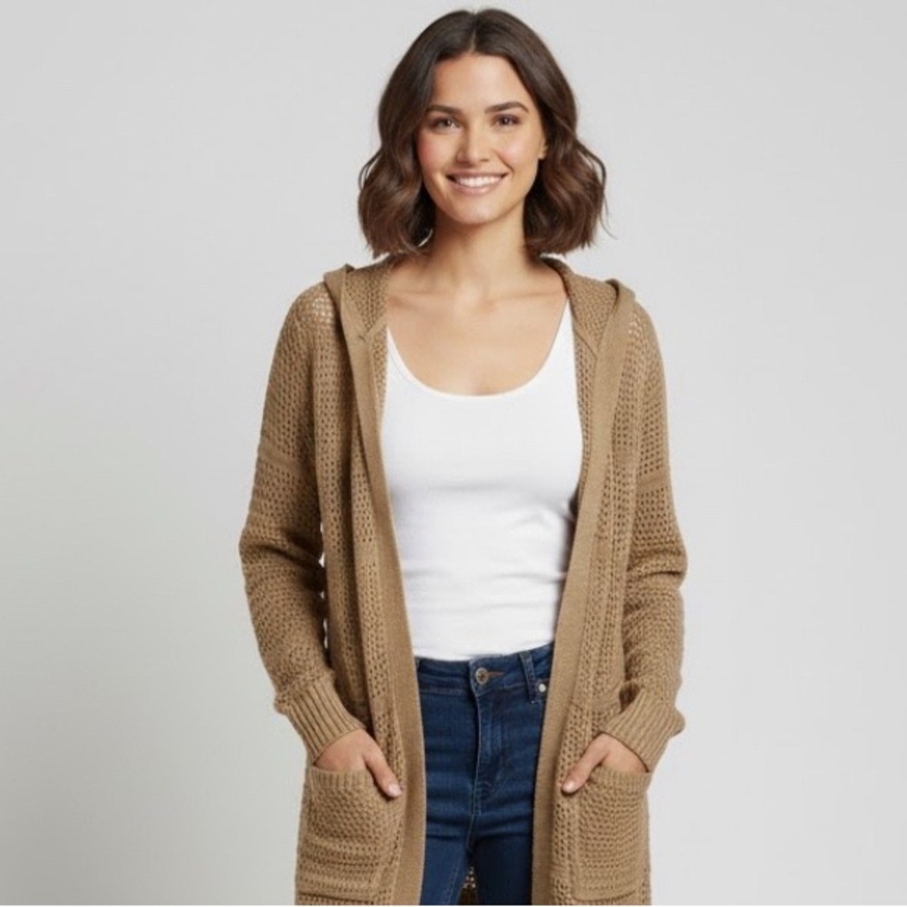 DESIGN HISTORY Womens Med Hooded Open Front Knit Cardigan Tan Beach Lounge‎